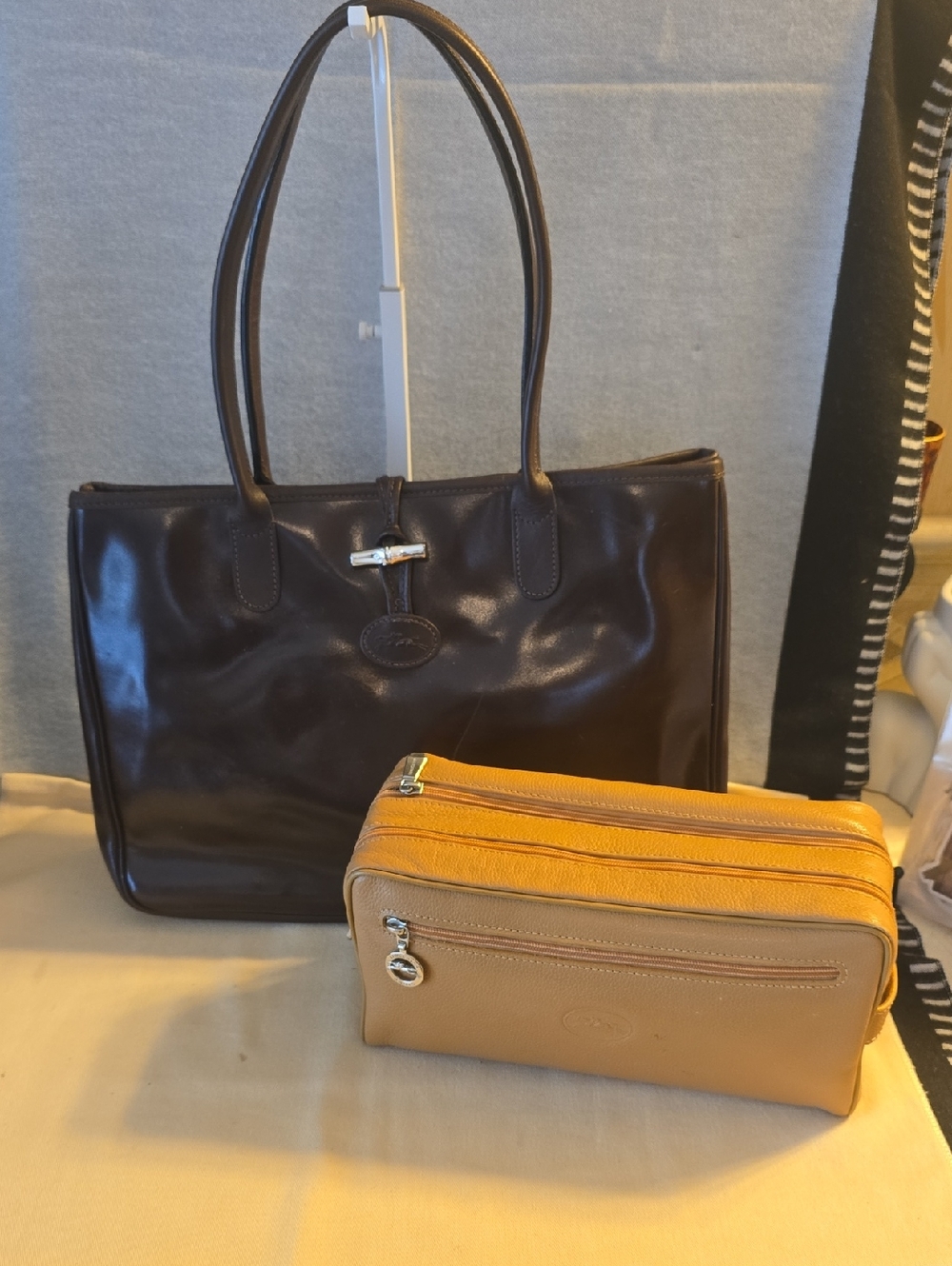 Longchamp Brown Leather Shoulder Bag with Tan Leather Pouch